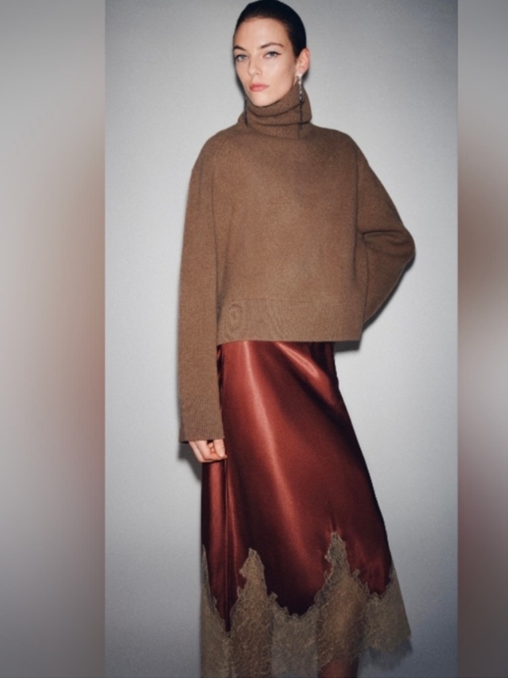 Zara Rust Satin Midi Skirt with Cream Lace Hem - Picture 3 of 10